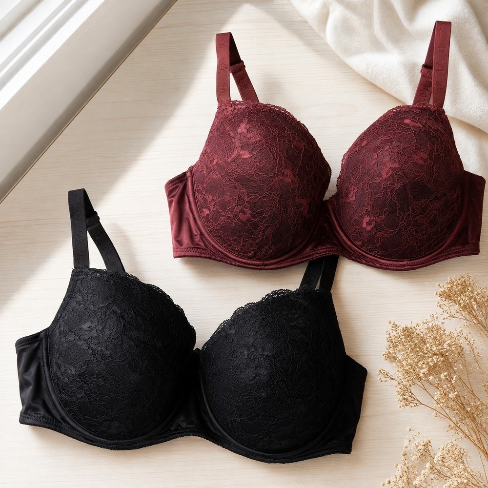 Juicy Couture Bra Lot of 2 Underwire Black & Burgundy Lace 42D Logo Straps